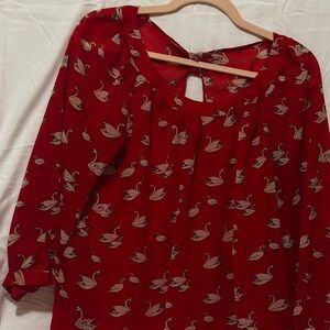 Forever 21 Red Swan Print Blouse Chiffon Top Semi-Sheer